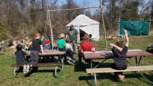 Pioneer days led by Mountain Man Ryan. The kids got to do some blacksmithing and use wood tools to split firewood and debark logs. 
