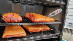 Delicious home made bacon on the smoker. Far superior to any store bought bacon. 