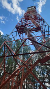 A view of the forest fire watch tower from the ground. 