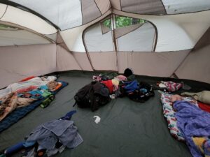 The crew all crashed out in our tent. We used a 10 man Coleman tent for the family camping adventure. 
