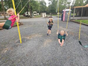 Swing time at the RV park. Kids enjoyed taking the opportunity to get some swinging in. Garrett enjoyed it as well. 