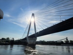 The Stan Musial Veterans Memorial Bridge as seen from the river. 