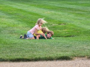 The hooligans took the opportunity to get in some exercise and some 'wrasslin' on the park grounds. 