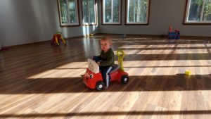 Garrett made good use of the empty rooms of the house, running his car all over!