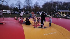 At the campground where we will stay for a month finishing out the home school co-ops. The kids enjoyed bouncing on the jumping pillow. They were able to get on the pillow most days, but as it got colder and wetter, those days became fewer.