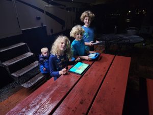 The hooligans out for some tablet time while Meagan prepares dinner. 