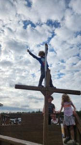 The park did have a great play boat that the kids loved to climb on. Evan reached the top of the mast!